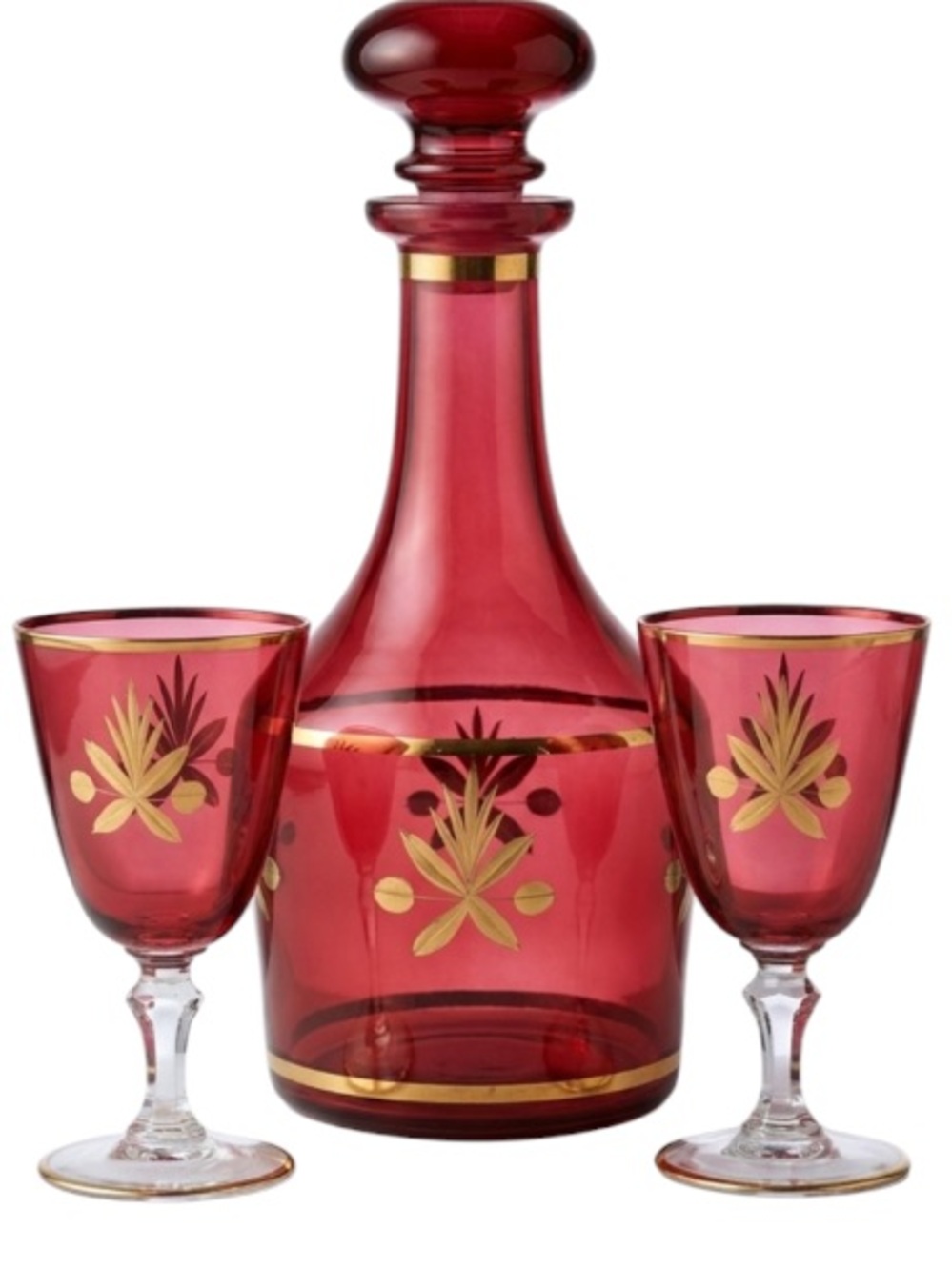 Bar set decanter and glass set cranberry red and gold